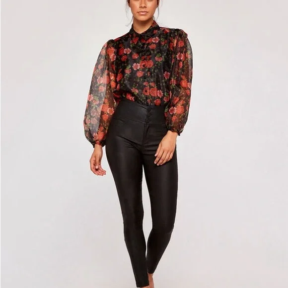 ♥️ Blashe Sheer Dramatic Floral Puff Sleeve Blouse - Picture 2 of 10